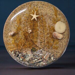 Beach Trivet Sand Starfish Seaweed Acrylic Abalone Mother of Pearl Ocean Nautica